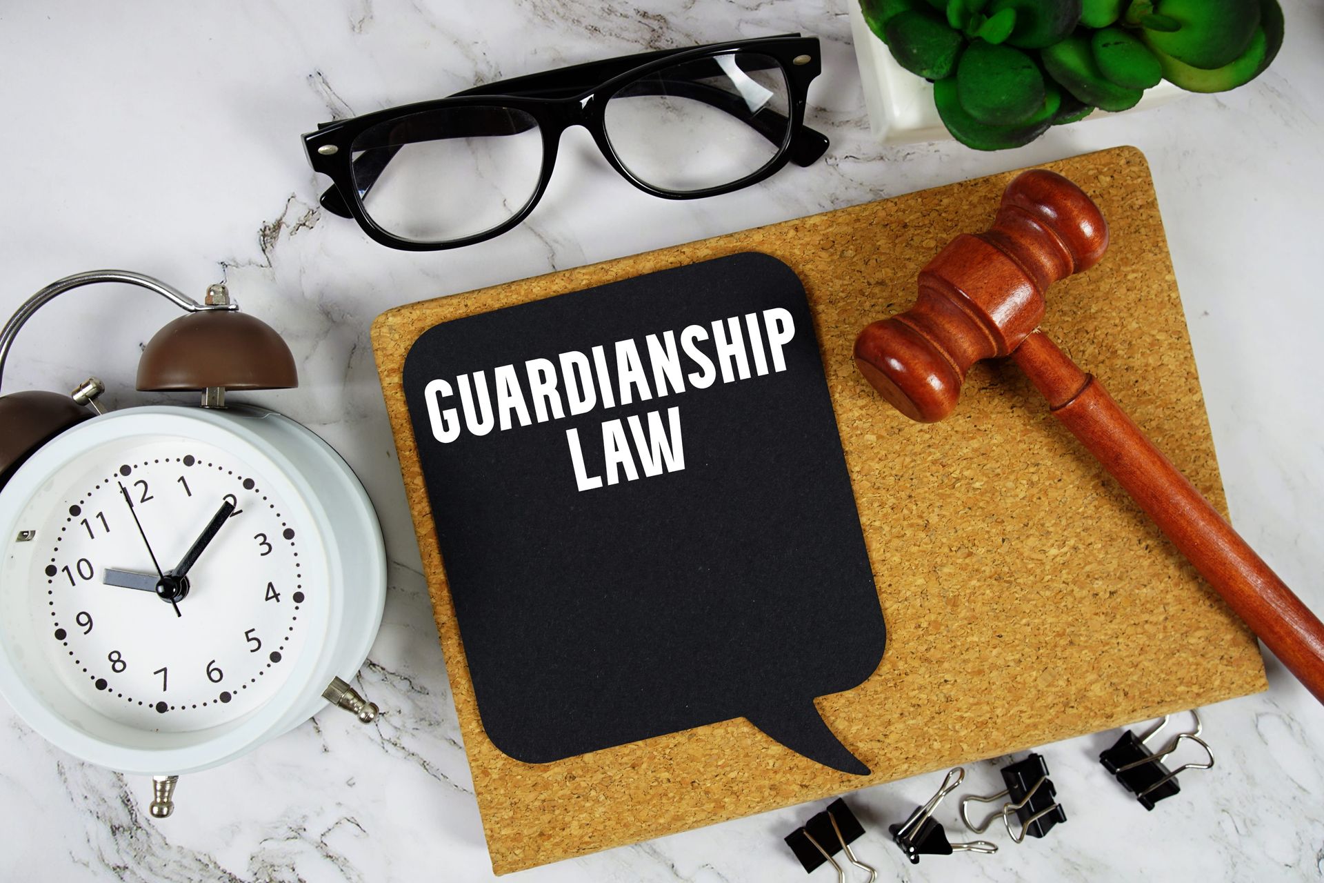 Guardianship law notebook with gavel, clock, glasses, and potted plant on desk