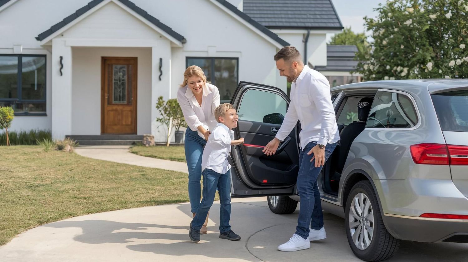 A family of three prepares to get into a silver car parked on a driveway in front of a modern white house.