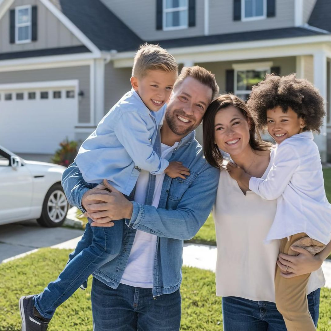A smiling family stands in front of their suburban home, with the parents carrying their two children.