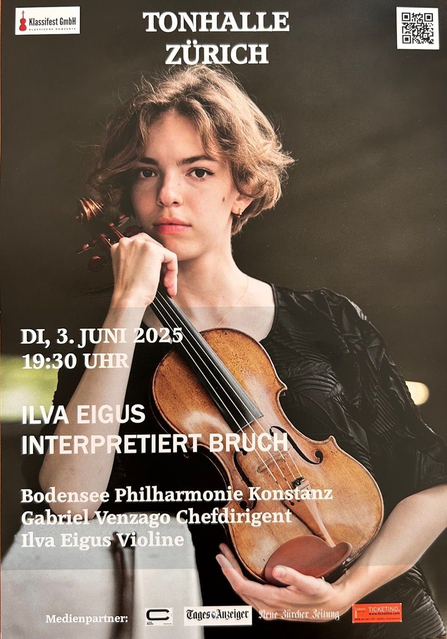 A poster for a concert in zurich shows a woman holding a violin.