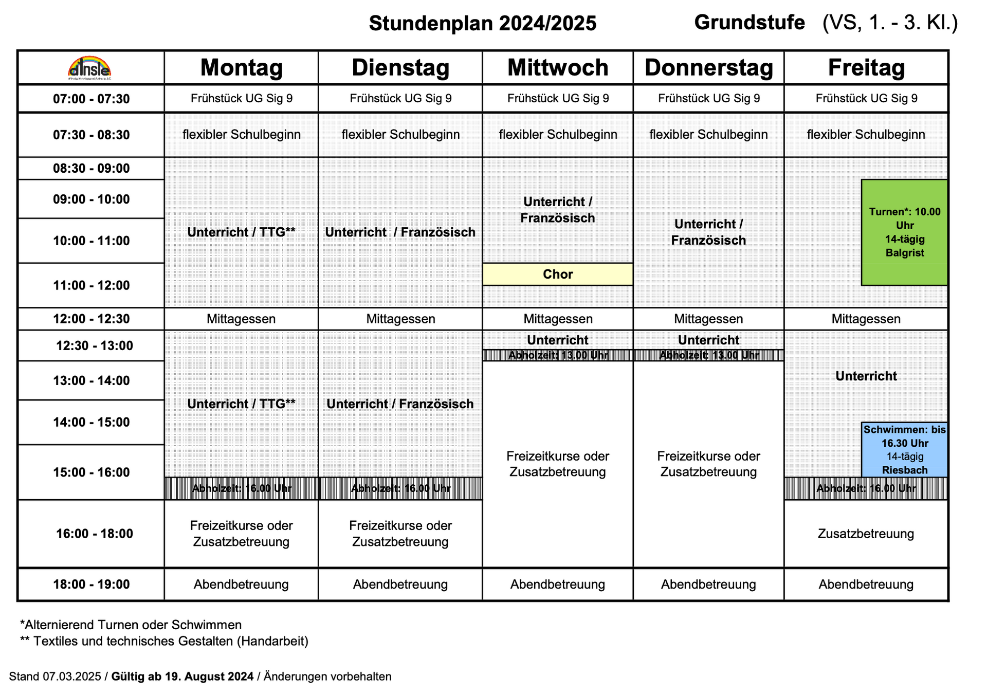 A schedule for a school shows the days of the week