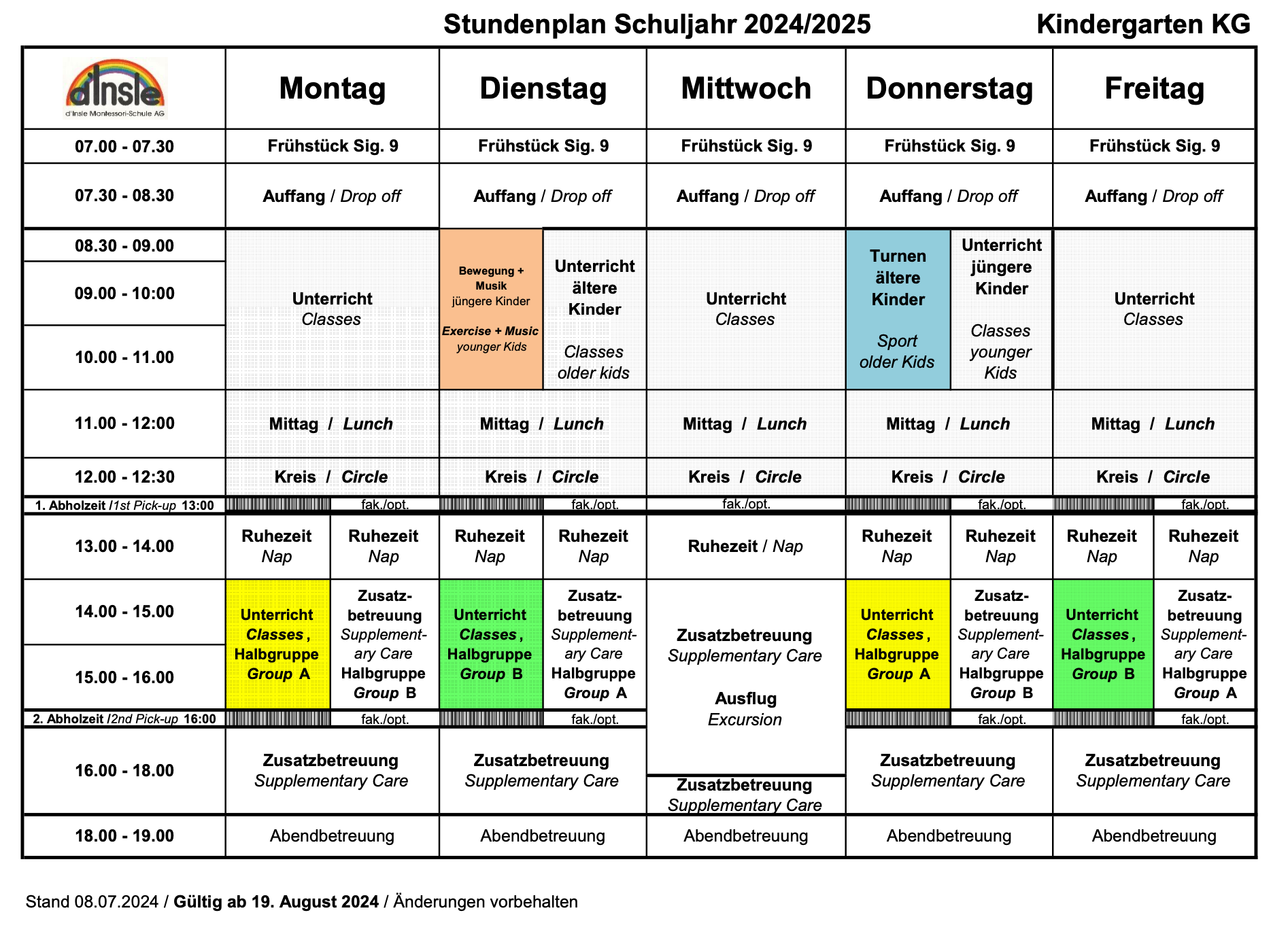 A schedule for a school in a foreign language