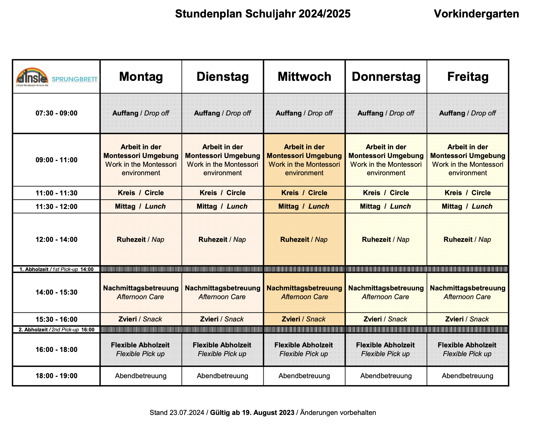 A weekly schedule in german is shown on a white background