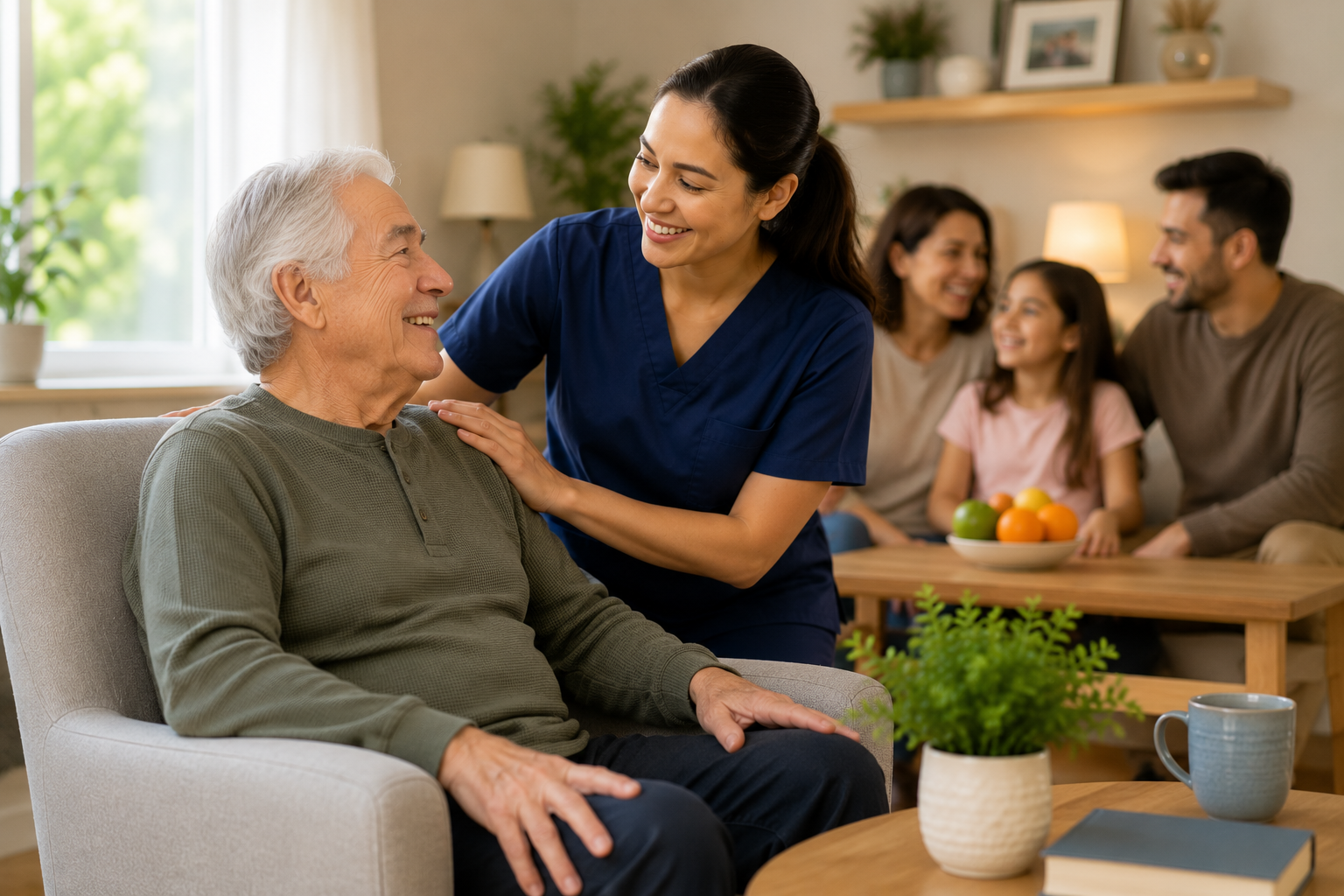 Caregiver smiling beside a seated older man in a bright living room with family in the background