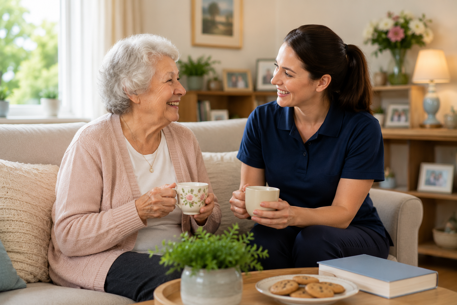 Caregiver smiling and talking with an elderly man on a couch in a bright living room, family seated nearby