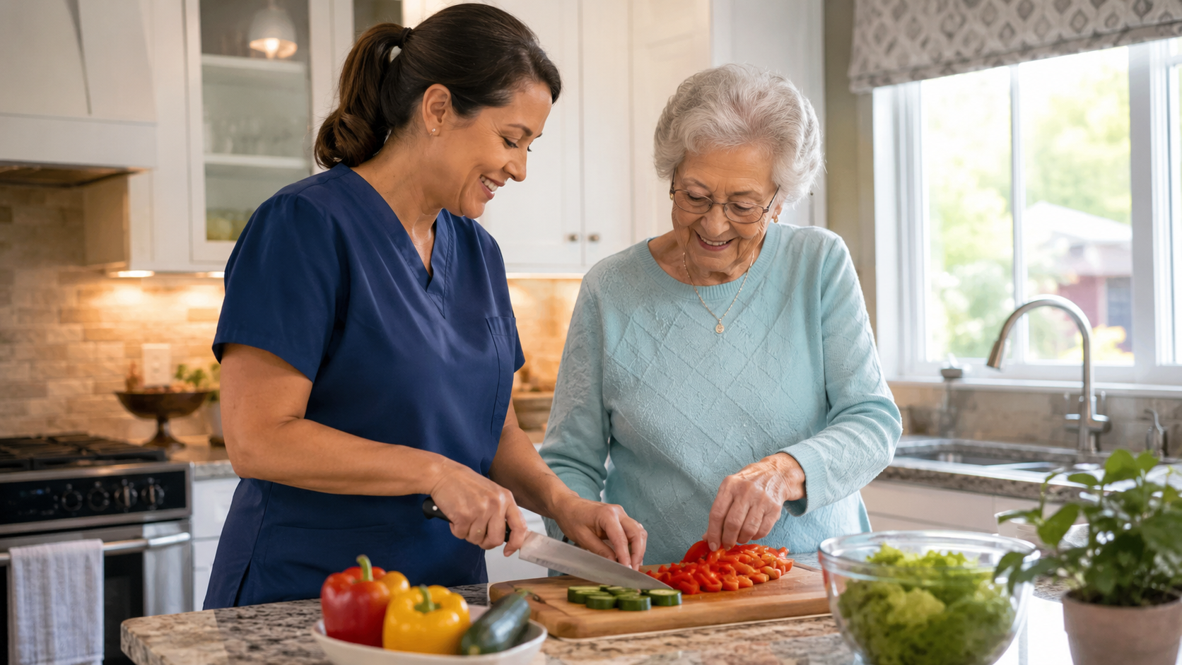 Caregiver helping an elderly individual prepare a meal while maintaining independence at home