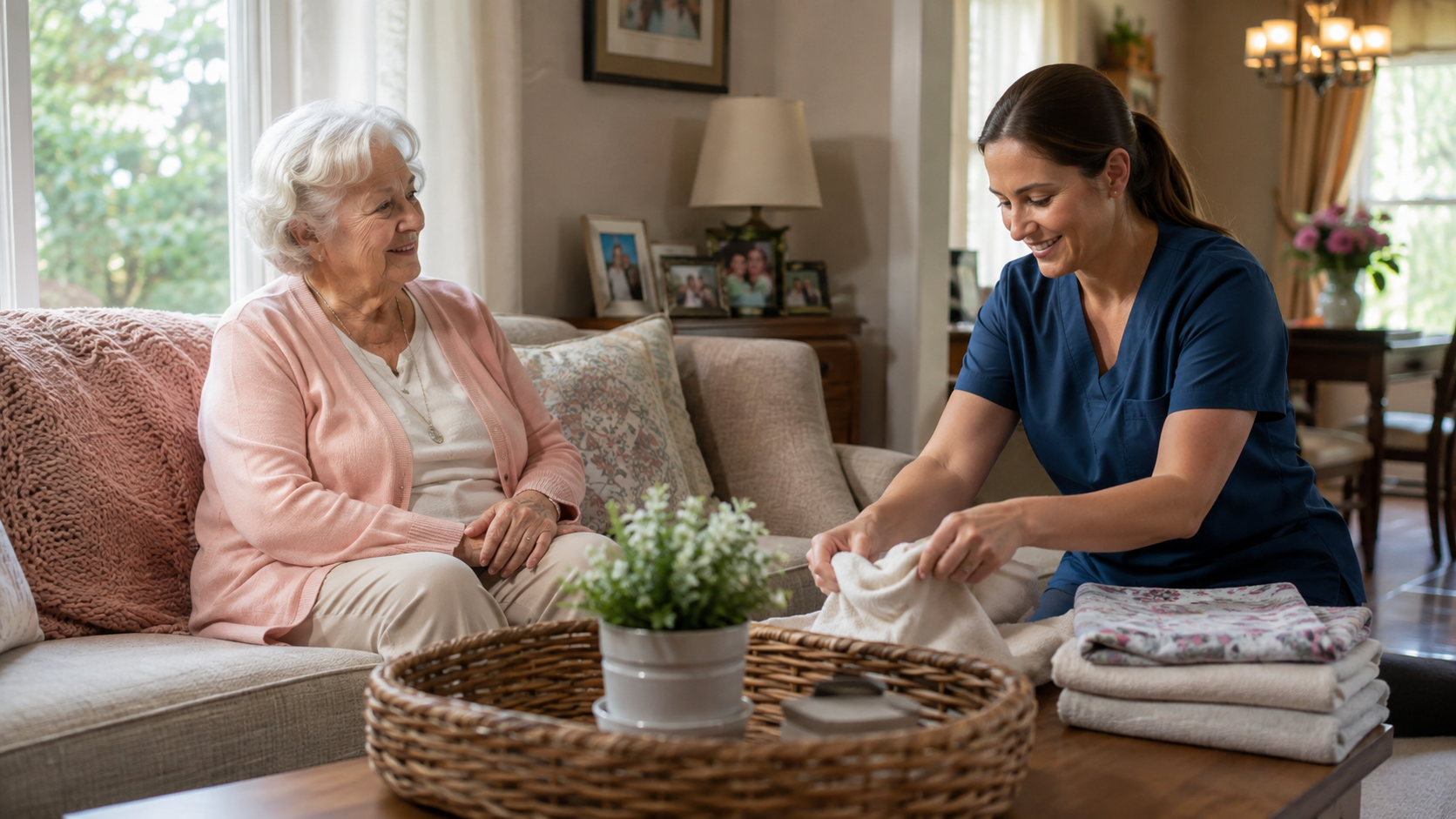 Elderly woman receiving household assistance from a caregiver in her Skokie, Illinois home