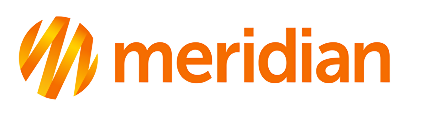 An orange and white logo for meridian on a white background