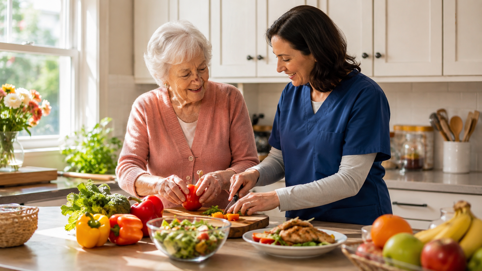 Senior and caregiver preparing a nutritious meal together in a home kitchen