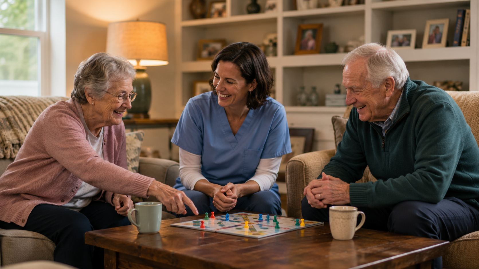Senior couple enjoying companionship and support from a caregiver in their comfortable home