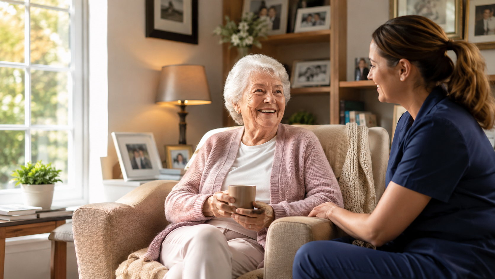 Elderly woman enjoying companionship and comfort with a caregiver at home