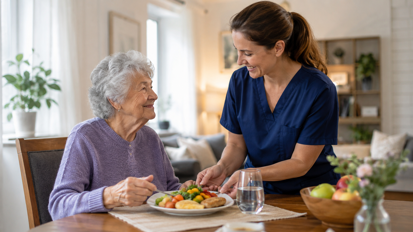 Elderly woman receiving meal preparation support from a caregiver at home