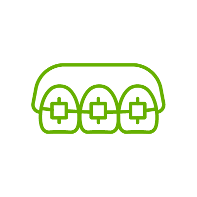 A green line icon of braces on a white background.