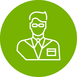 A line drawing of a man in a suit and tie with glasses in a green circle.