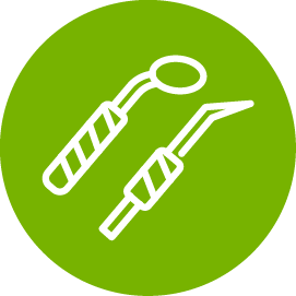 A pair of dental instruments in a green circle.