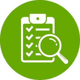 A clipboard with arrows and a magnifying glass in a green circle.