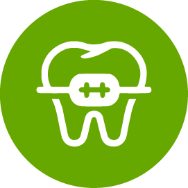 A tooth with braces on it is in a green circle.