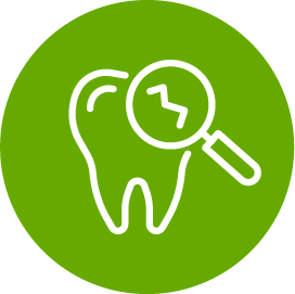 A tooth with a magnifying glass on it in a green circle.