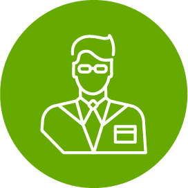 A line drawing of a man wearing glasses in a green circle.