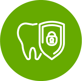 An icon of a tooth with a padlock on it in a green circle.