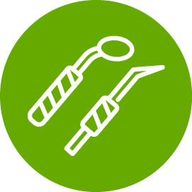 A pair of dental instruments in a green circle.