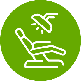 An icon of a dental chair with a light on it in a green circle.