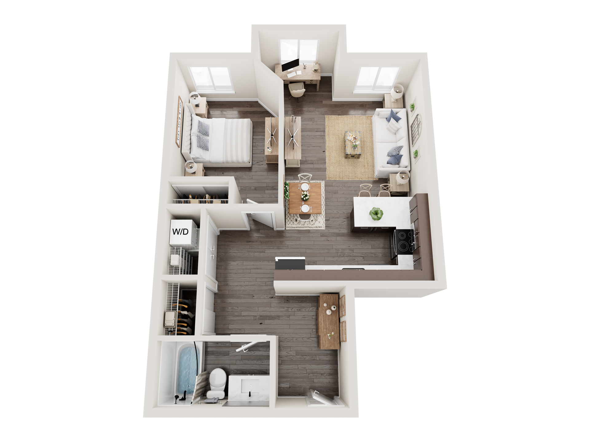 A 3d floor plan of a house with two bedrooms and a bathroom.