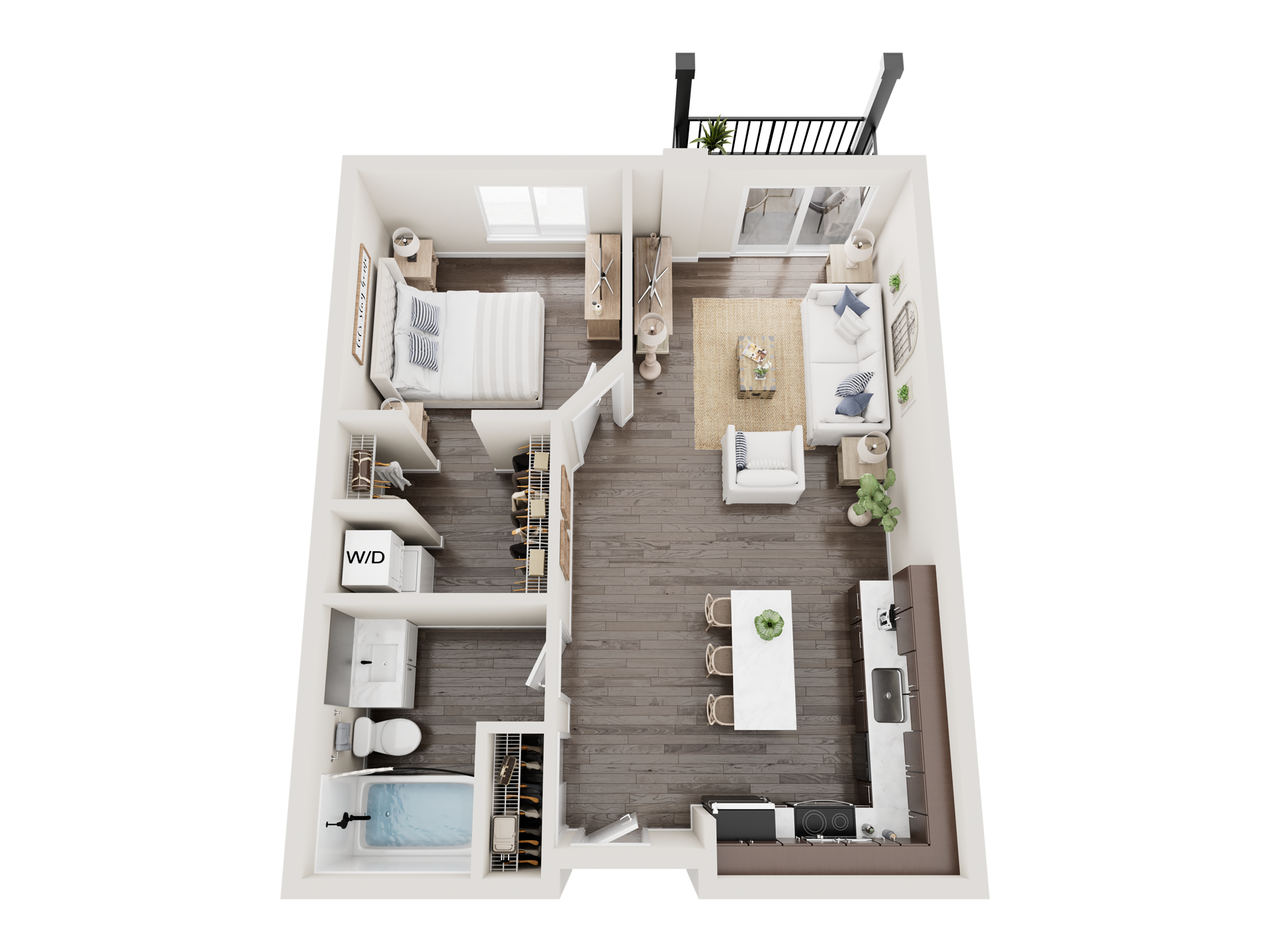 A 3d floor plan of a house with a bedroom , living room , dining room , and bathroom.