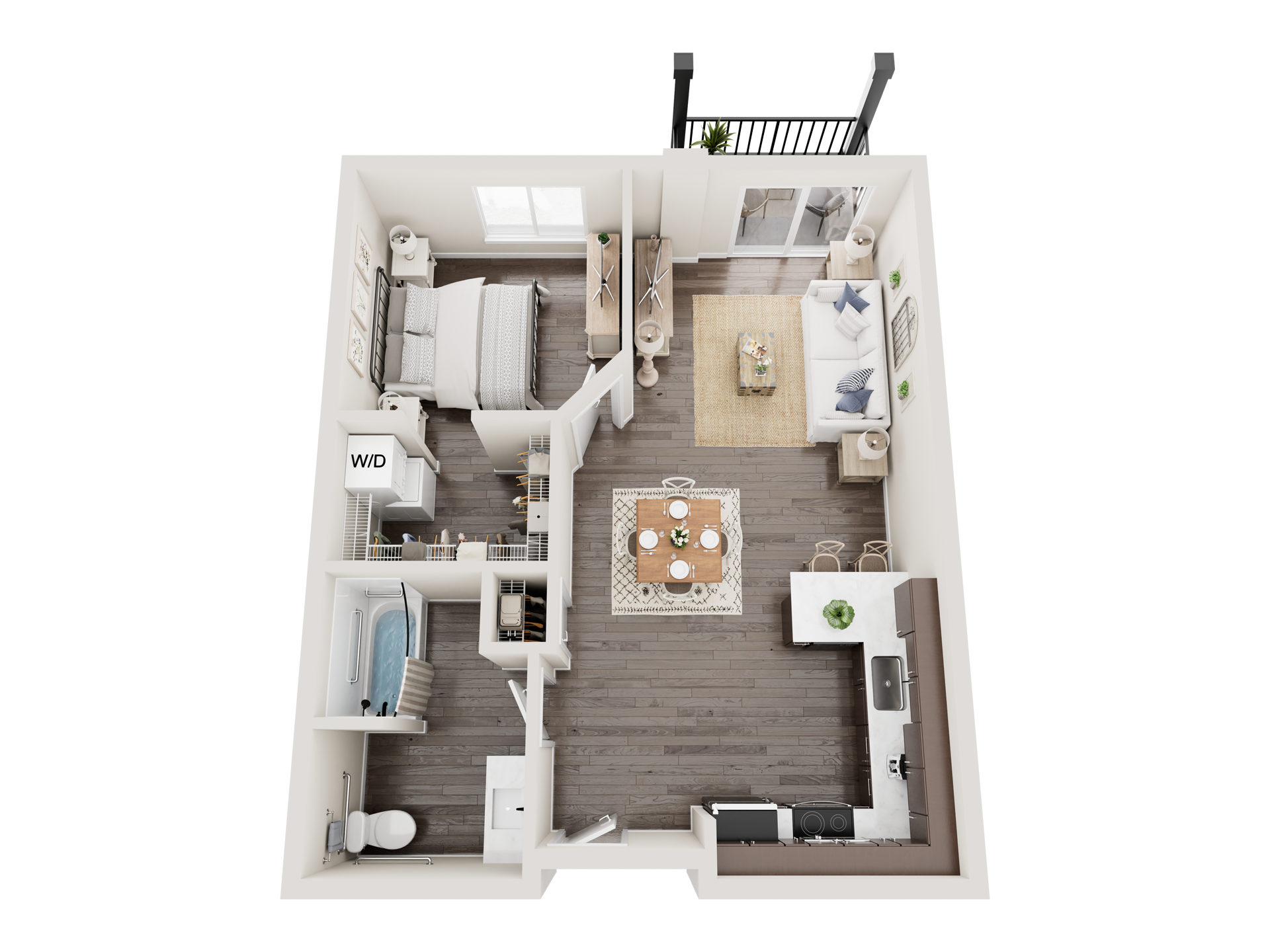 A 3d floor plan of a house with a bedroom , living room , and kitchen.