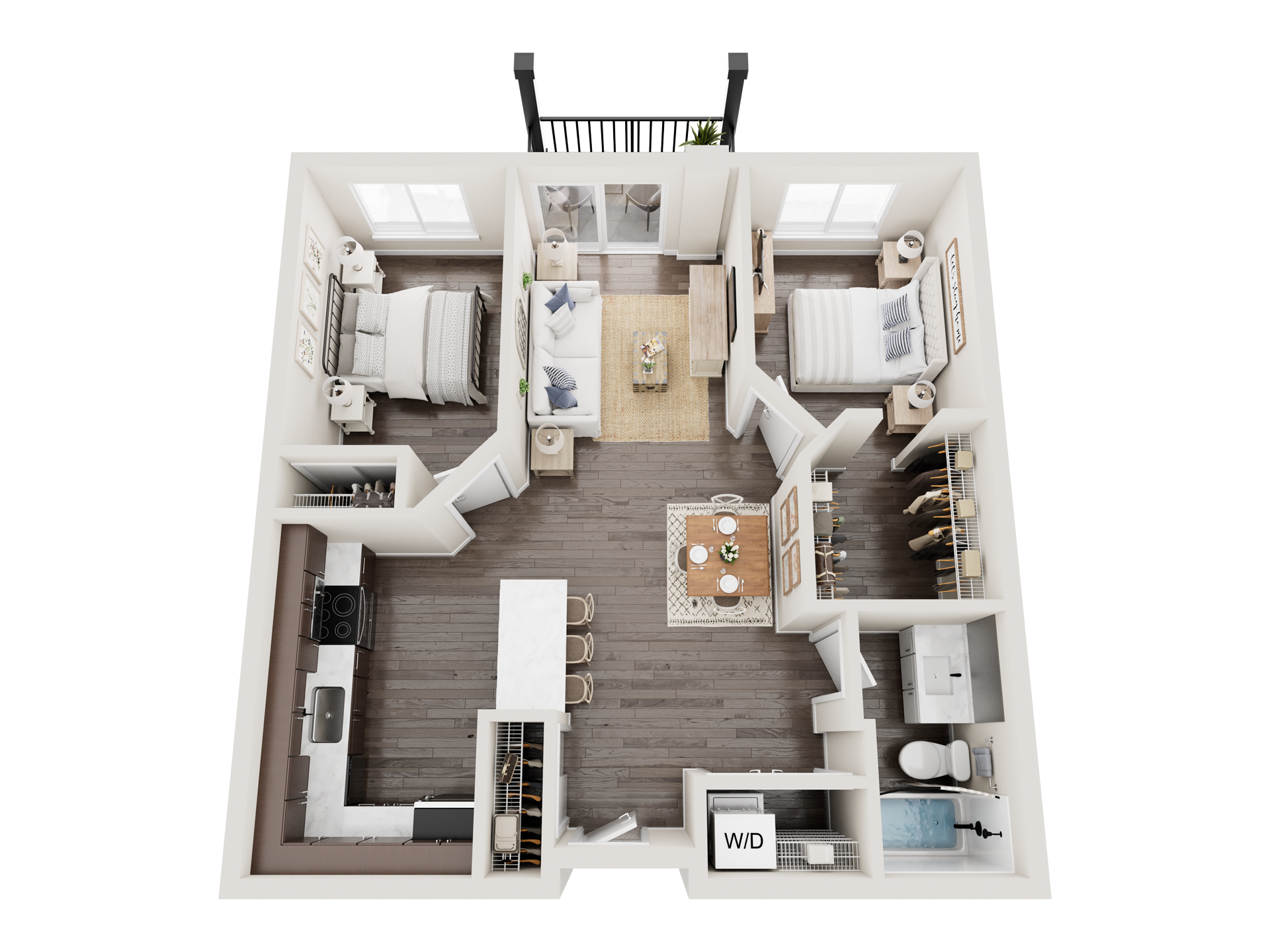 A 3d floor plan of a house with two bedrooms and a balcony.