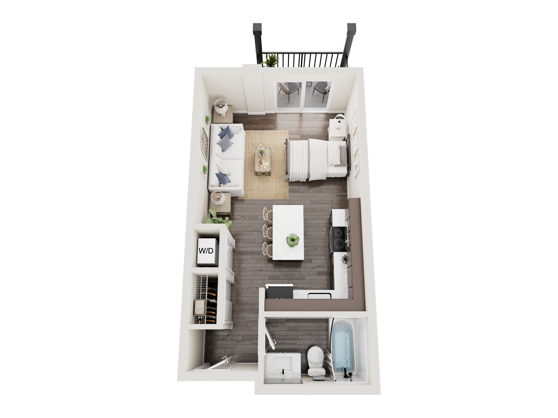 A 3d floor plan of a small apartment with a living room , dining room , and kitchen.