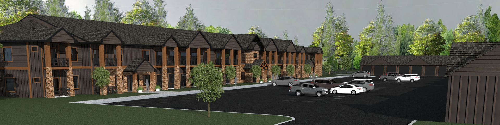 An artist 's impression of a row of apartment buildings with cars parked in front of them.
