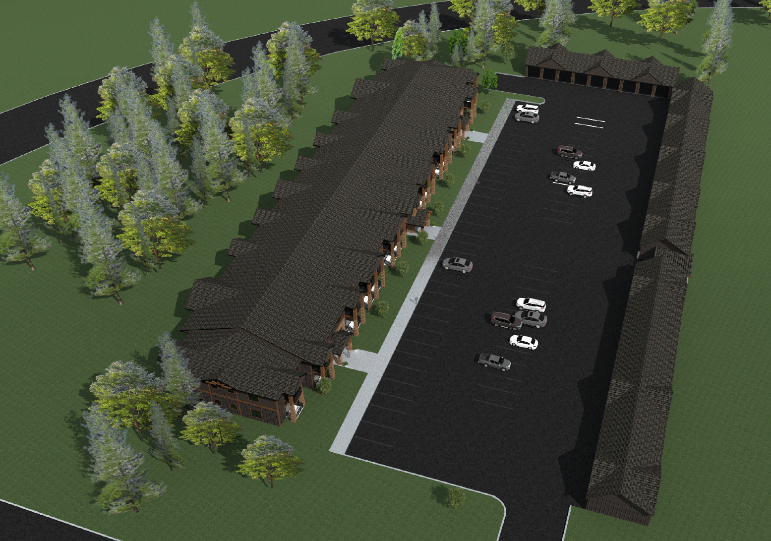 An aerial view of a building with a parking lot