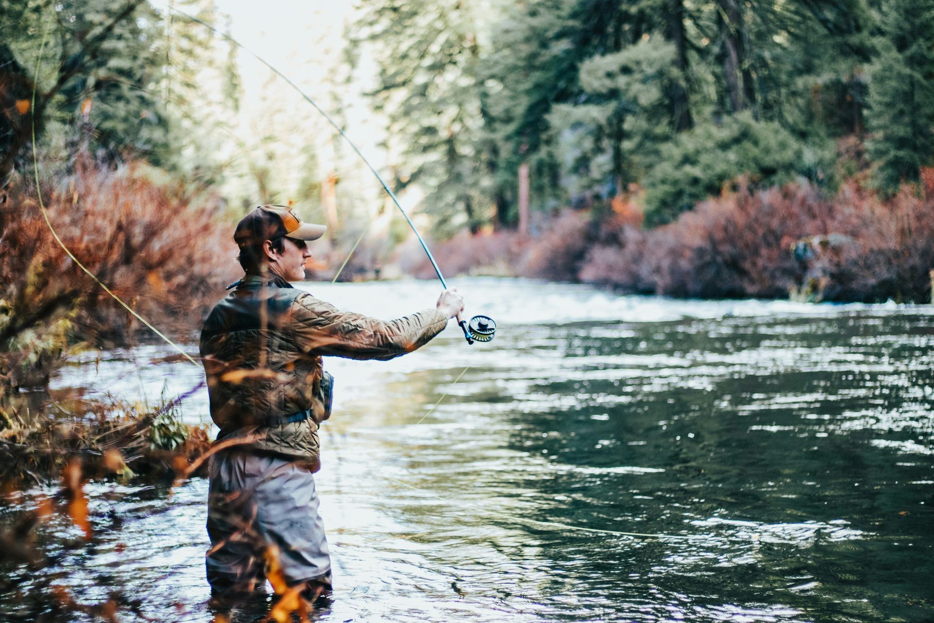 A man is fishing in a river in the woods.