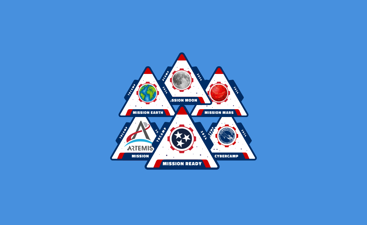 Six triangular mission patches on a blue background, each depicting a planet and symbols within a red, white, and blue border.
