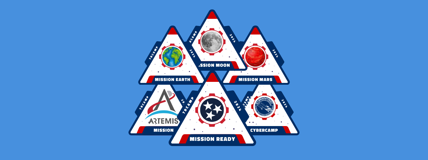 A blue and red space-themed logo with triangular emblems depicting planets and logos.