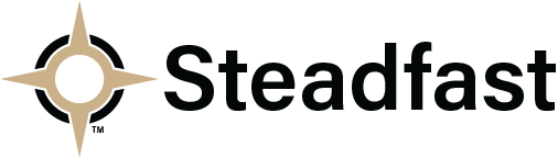 Steadfast logo with a gold compass-like emblem and black text on a white background
