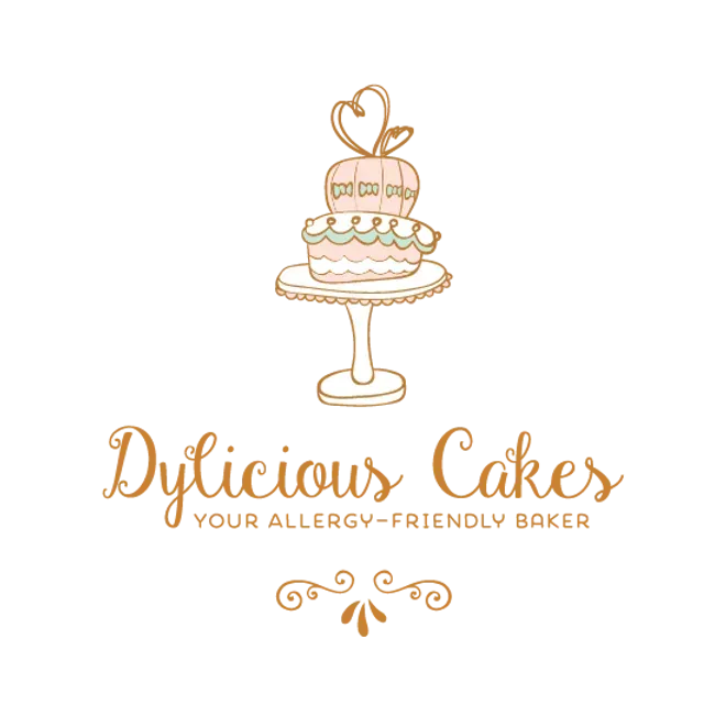 Logo for Dylicious Cakes featuring a two-tiered cake on a stand, tagline: