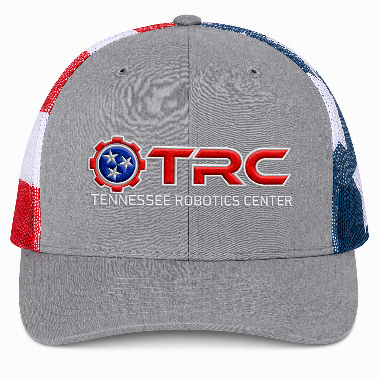 Gray baseball cap with red and blue TRC Tennessee Robotics Center logo on the front