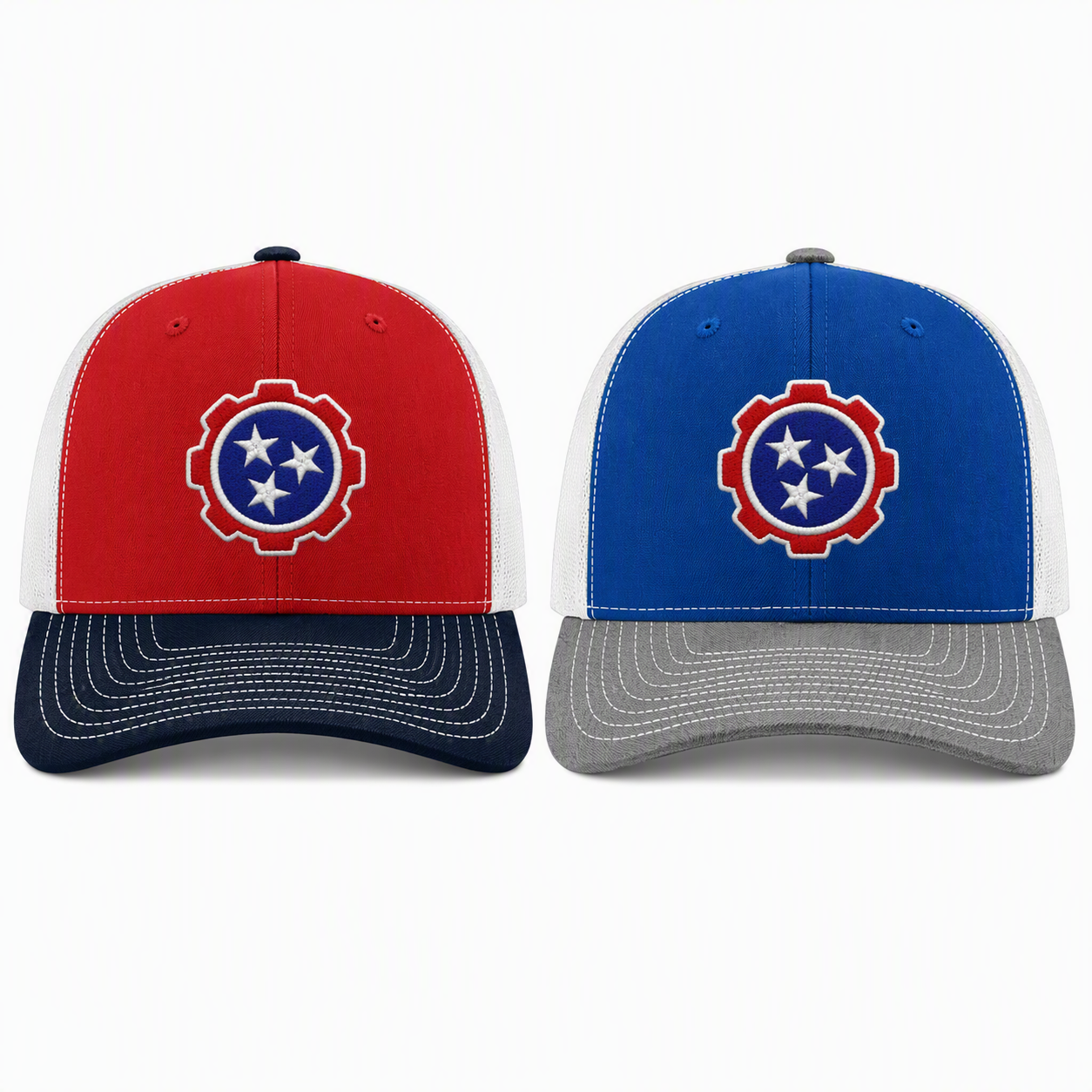 Blue, white, and gray baseball cap with a red gear logo and three white stars on the front.