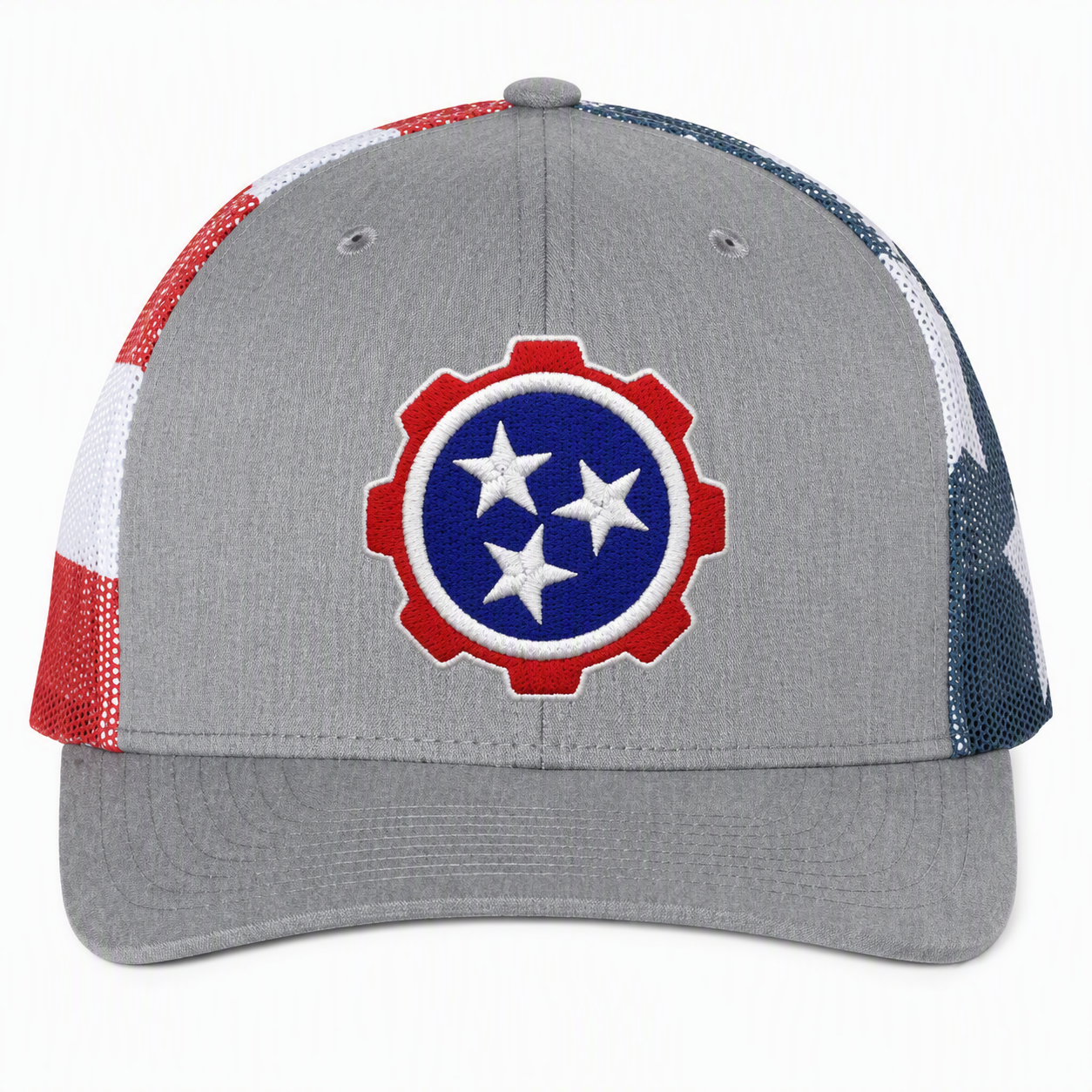 Gray baseball cap with a red, white, and blue gear-and-stars logo on the front