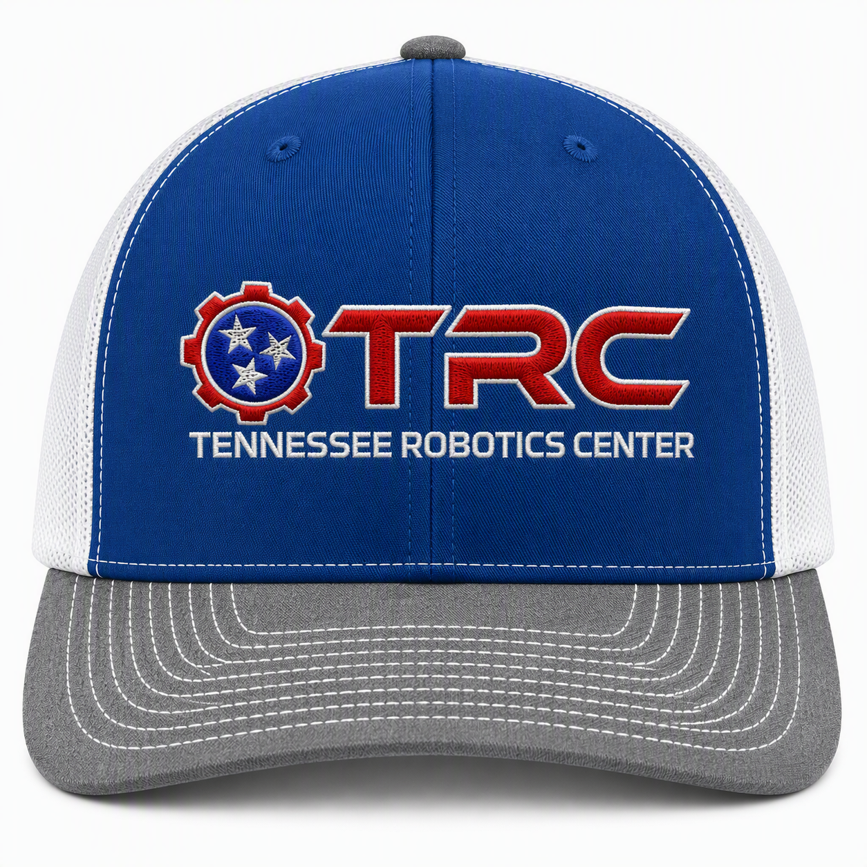 Blue, white, and gray TRC Tennessee Robotics Center logo baseball cap with mesh back.
