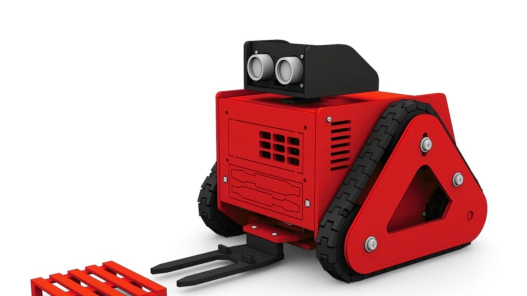 Red robotic forklift with treads and sensor array, lifting a pallet.