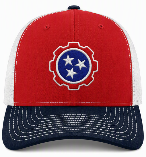 Red, white, and blue baseball cap with a gear-and-stars logo