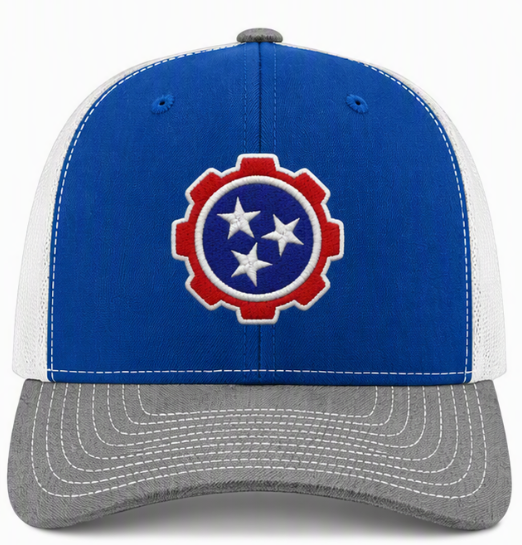 Blue, white, and gray baseball cap with a red gear logo and three white stars on the front.