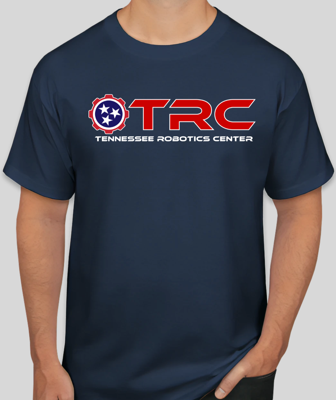 Navy T-shirt with TRC Tennessee Robotics Center logo in red, white, and blue across the chest
