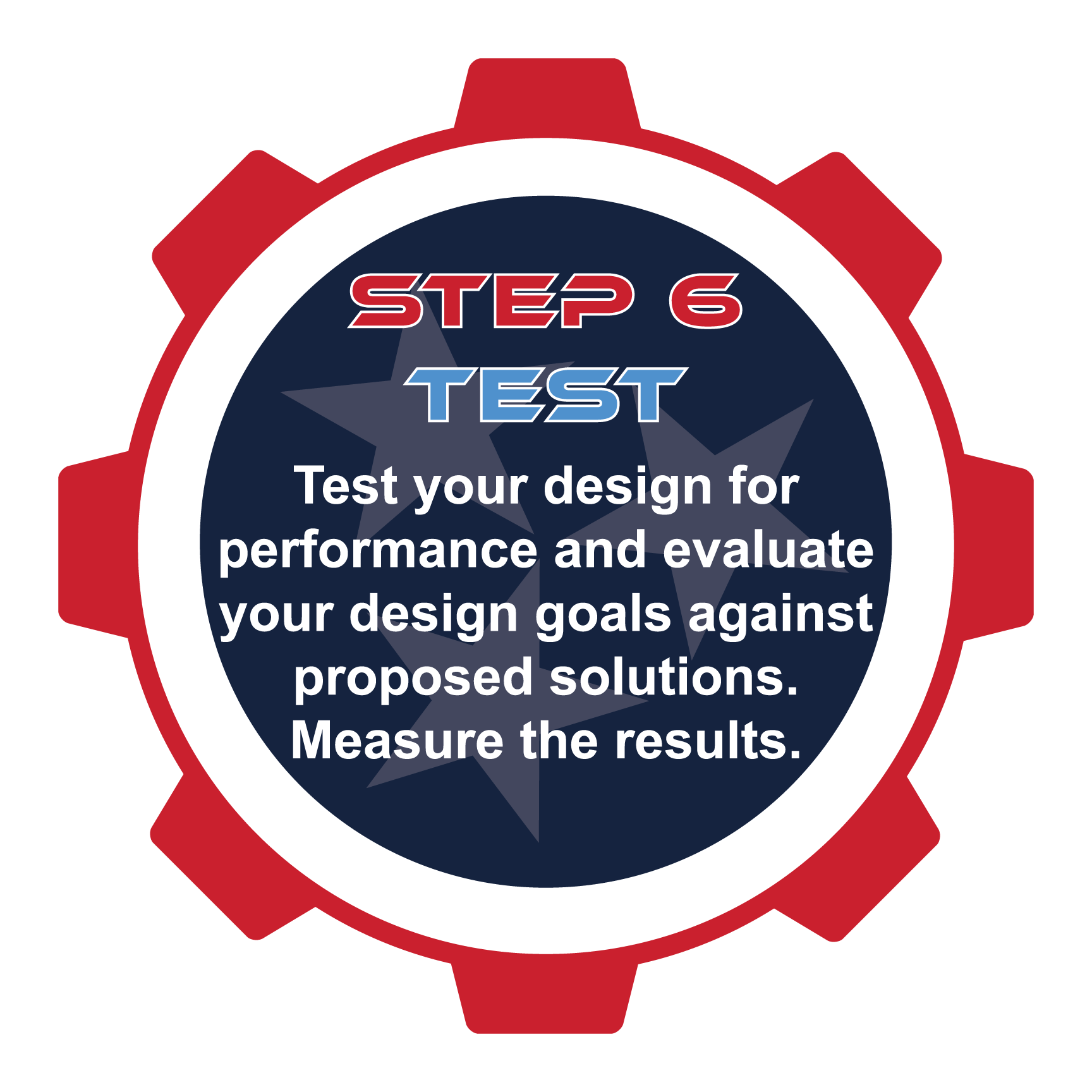 Step 6: Test graphic. Red gear shape with the words 