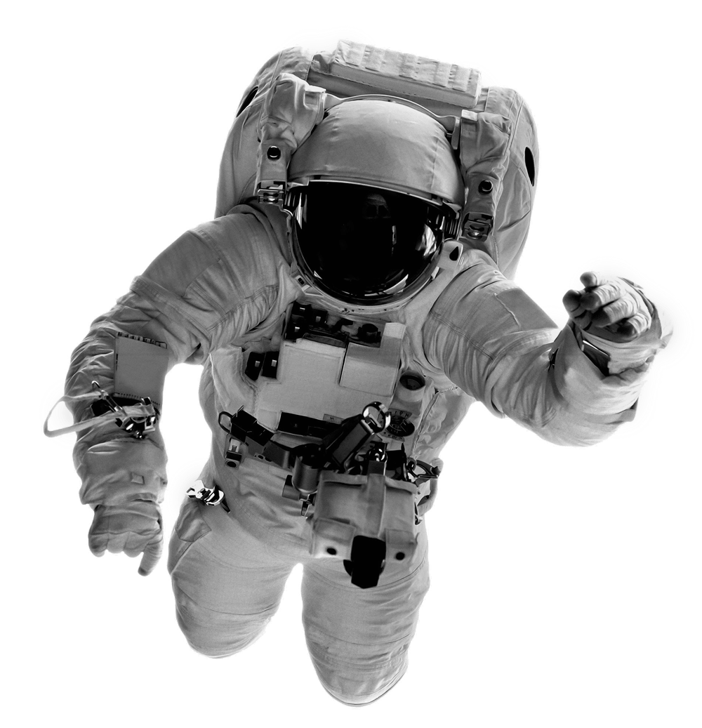 Astronaut in white spacesuit floating against a bright background, arm outstretched.