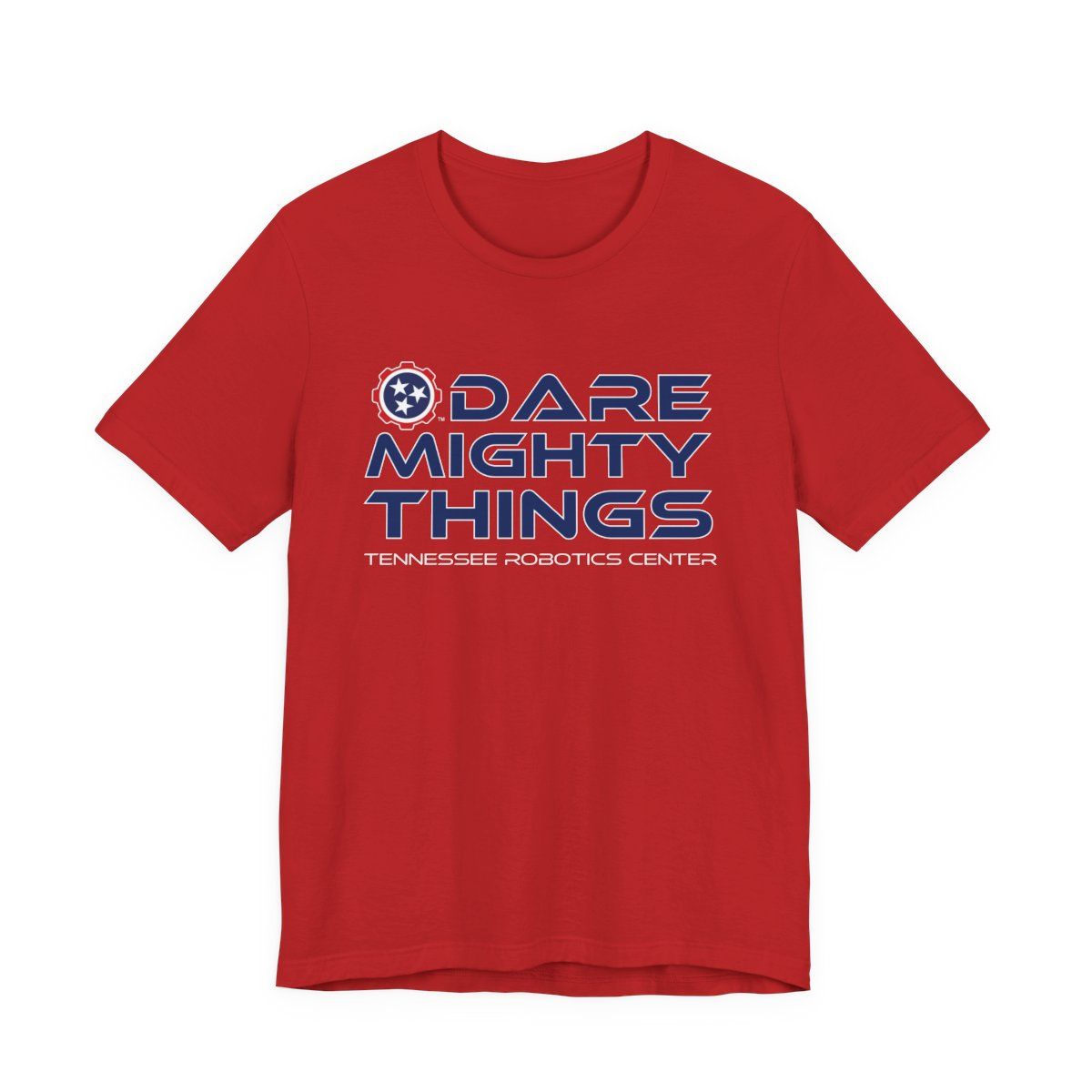 Red T-shirt with “DARE MIGHTY THINGS” text in blue and white logo on chest