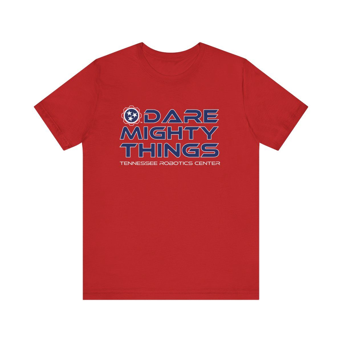 Red T-shirt with blue and white “Dare Mighty Things” text and logo centered on the chest
